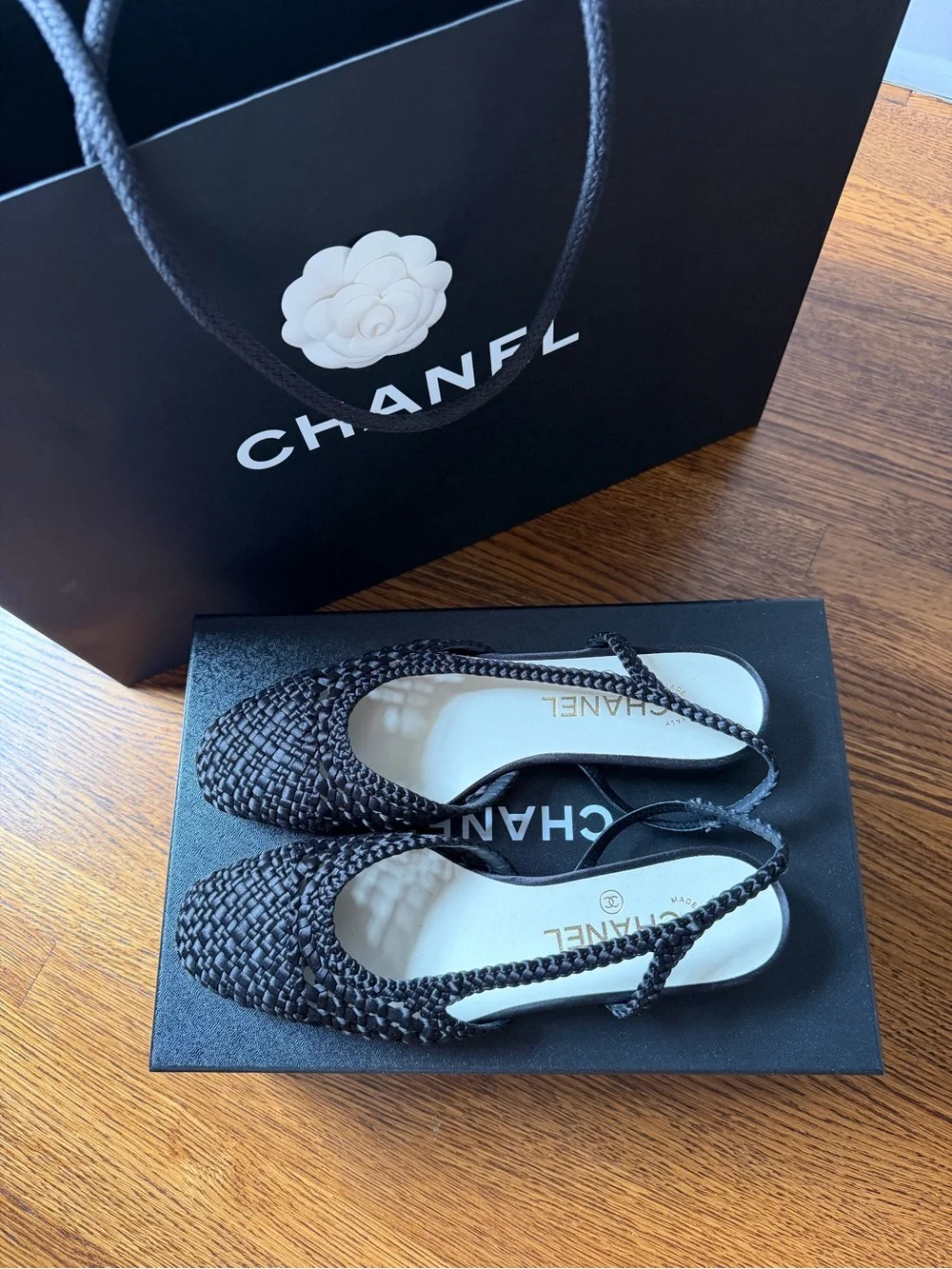 CHANEL Black Woven Slingback Flats 37